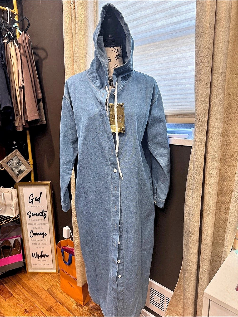 Women's Hooded Maxi Denim jacket in Blue NWT